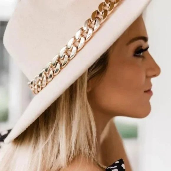 WIde BRIM FASHION HAT W/ CHAIN ACCENT ivory - Picture 2 of 9